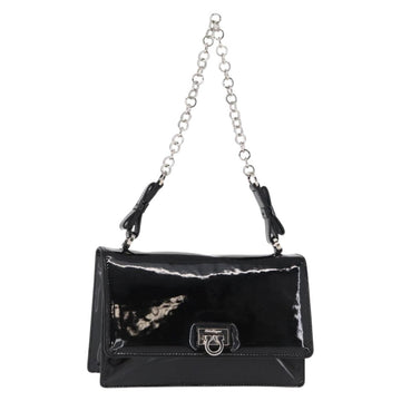 Salvatore Ferragamo Chain Gancini Shoulder Bag Enamel Black Silver Auth 143669