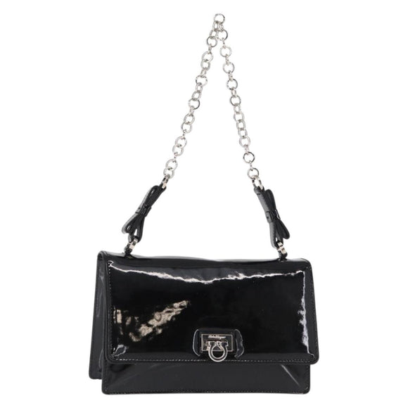 Salvatore Ferragamo Chain Gancini Shoulder Bag Enamel Black Silver Auth 143669