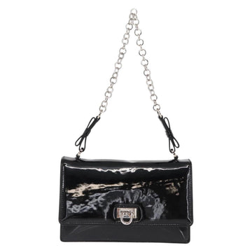 Salvatore Ferragamo Chain Gancini Shoulder Bag Enamel Black Silver Auth 143669 - 0
