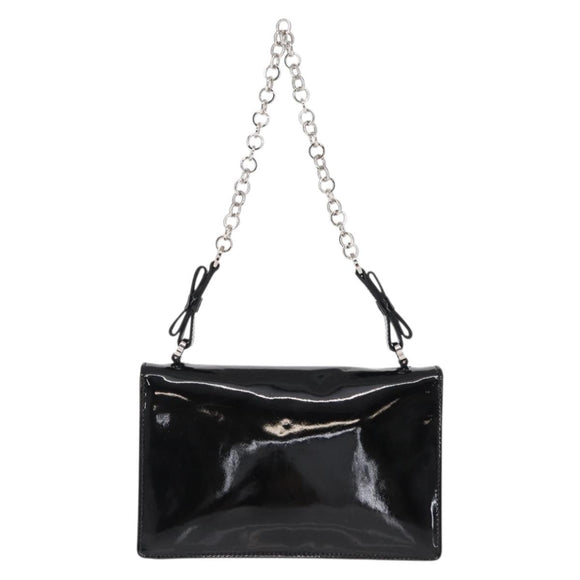 Salvatore Ferragamo Chain Gancini Shoulder Bag Enamel Black Silver Auth 143669