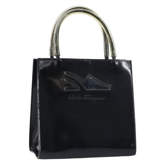 Salvatore Ferragamo Hand Bag Enamel Black Gold Auth 143675