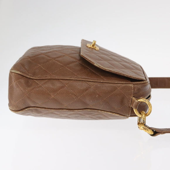 CHANEL Matelasse Shoulder Bag Caviar Skin Brown Gold CC Auth 143676