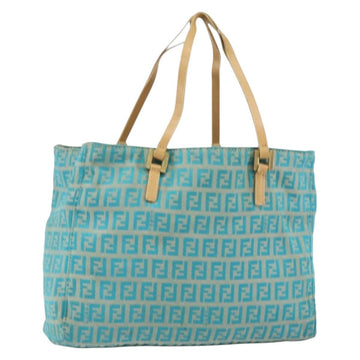 FENDI Zucchino Canvas Tote Bag Turquoise Blue Gold Auth 143679