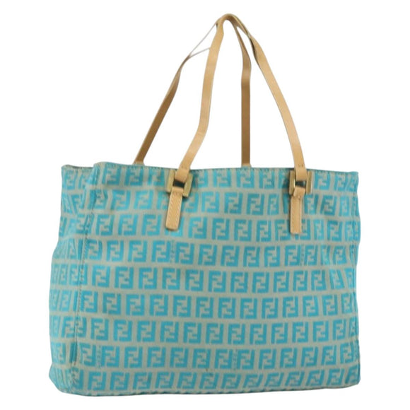 FENDI Zucchino Canvas Tote Bag Turquoise Blue Gold Auth 143679