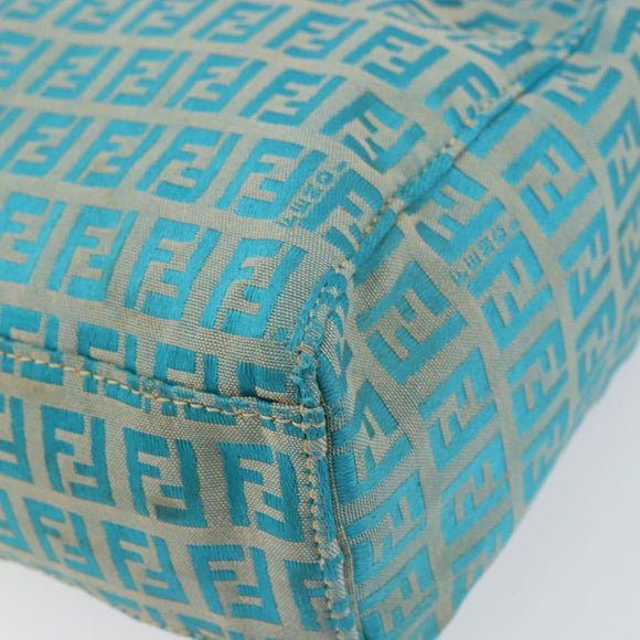 FENDI Zucchino Canvas Tote Bag Turquoise Blue Gold Auth 143679
