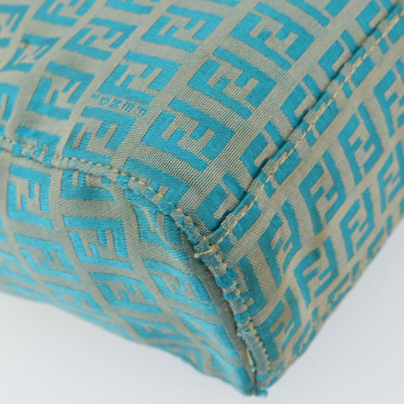 FENDI Zucchino Canvas Tote Bag Turquoise Blue Gold Auth 143679
