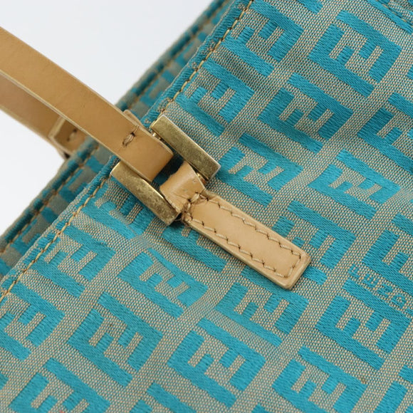 FENDI Zucchino Canvas Tote Bag Turquoise Blue Gold Auth 143679