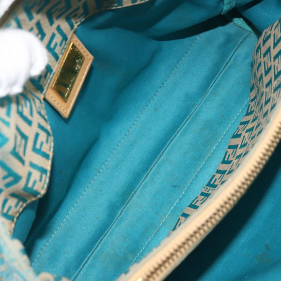 FENDI Zucchino Canvas Tote Bag Turquoise Blue Gold Auth 143679