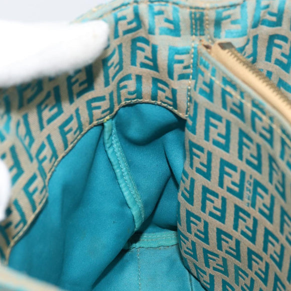 FENDI Zucchino Canvas Tote Bag Turquoise Blue Gold Auth 143679