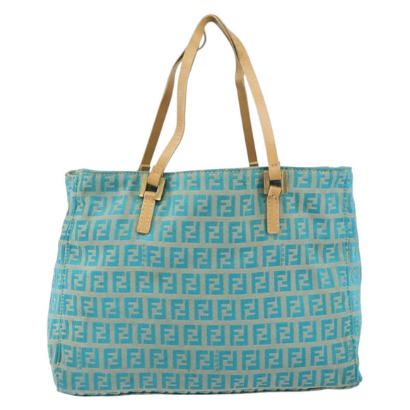 FENDI Zucchino Canvas Tote Bag Turquoise Blue Gold Auth 143679