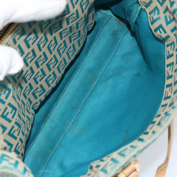 FENDI Zucchino Canvas Tote Bag Turquoise Blue Gold Auth 143679