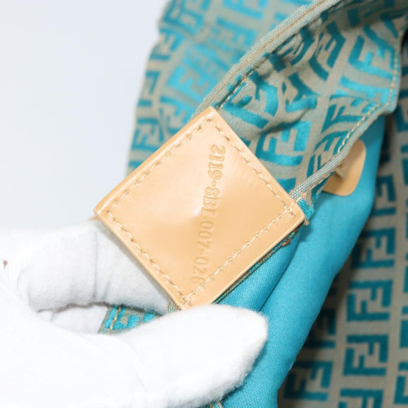 FENDI Zucchino Canvas Tote Bag Turquoise Blue Gold Auth 143679