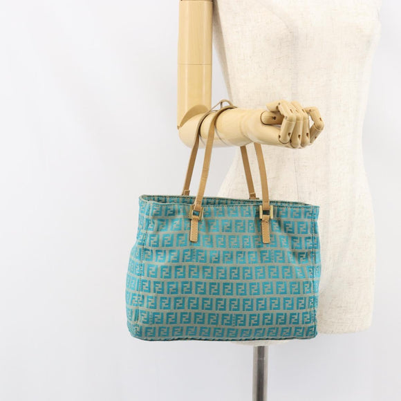 FENDI Zucchino Canvas Tote Bag Turquoise Blue Gold Auth 143679