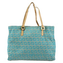 FENDI Zucchino Canvas Tote Bag Turquoise Blue Gold Auth 143679-2