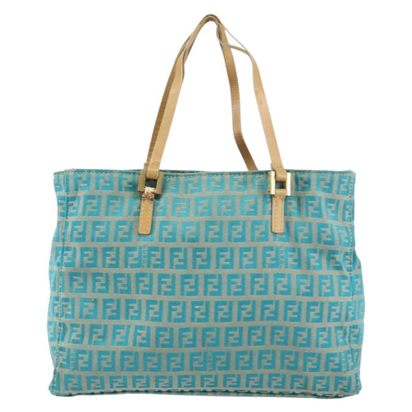 FENDI Zucchino Canvas Tote Bag Turquoise Blue Gold Auth 143679