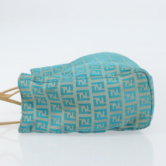 FENDI Zucchino Canvas Tote Bag Turquoise Blue Gold Auth 143679