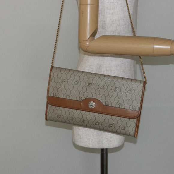 Christian Dior Honeycomb Canvas Chain Shoulder Bag PVC Beige Gold Auth 143712