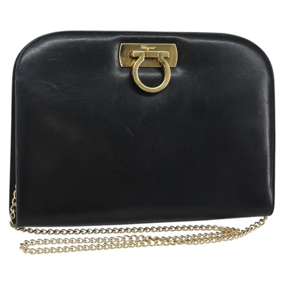 Salvatore Ferragamo Gancini Chain Shoulder Bag Leather Black Gold Auth 143759