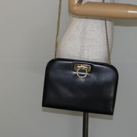 Salvatore Ferragamo Gancini Chain Shoulder Bag Leather Black Gold Auth 143759