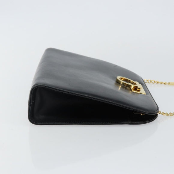 Salvatore Ferragamo Gancini Chain Shoulder Bag Leather Black Gold Auth 143759