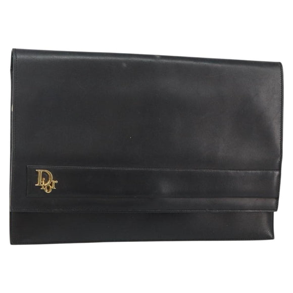 Christian Dior Clutch Bag Leather Black Gold Auth 143761