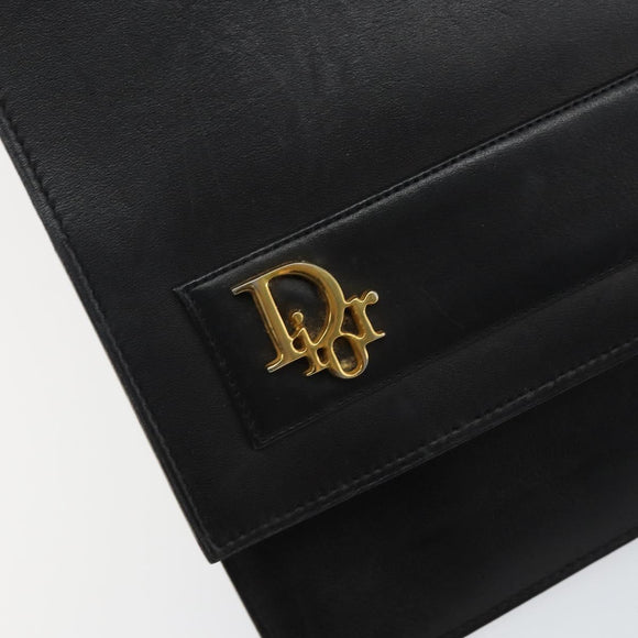 Christian Dior Clutch Bag Leather Black Gold Auth 143761