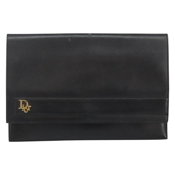 Christian Dior Clutch Bag Leather Black Gold Auth 143761