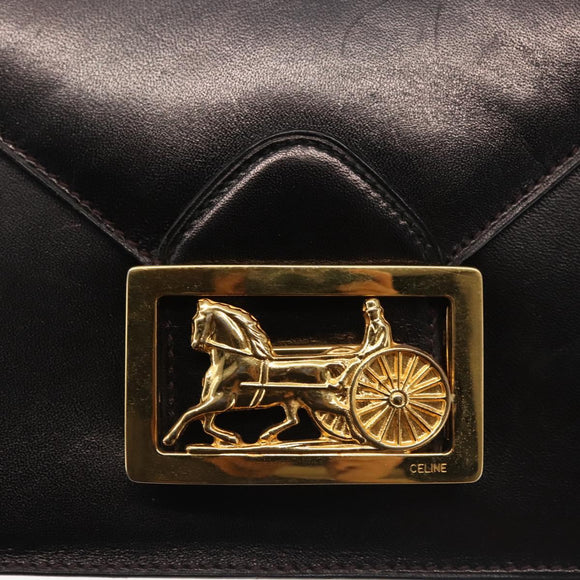 CELINE Horse Carriage Shoulder Bag Leather Black Gold Auth 143763
