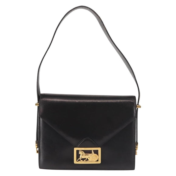 CELINE Horse Carriage Shoulder Bag Leather Black Gold Auth 143763