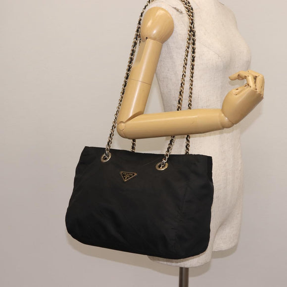 PRADA Chain Shoulder Bag Nylon Black Gold Auth 143765