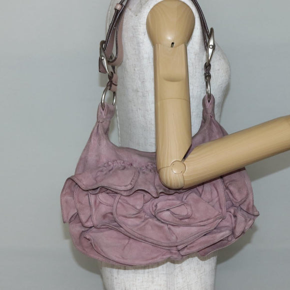 SAINT LAURENT Rive Gauche Shoulder Bag Suede Pink Silver Auth 143766