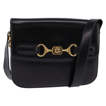 CELINE Horsebit Shoulder Bag Leather Black Gold Auth 143778