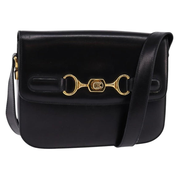 CELINE Horsebit Shoulder Bag Leather Black Gold Auth 143778
