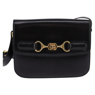 CELINE Horsebit Shoulder Bag Leather Black Gold Auth 143778 - 0