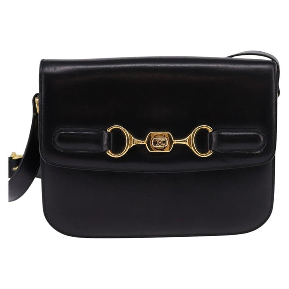 CELINE Horsebit Shoulder Bag Leather Black Gold Auth 143778