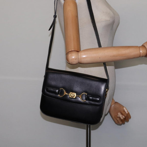 CELINE Horsebit Shoulder Bag Leather Black Gold Auth 143778