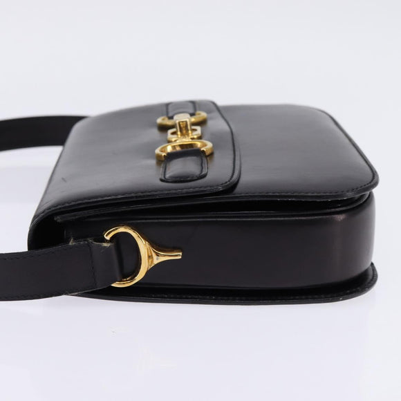 CELINE Horsebit Shoulder Bag Leather Black Gold Auth 143778