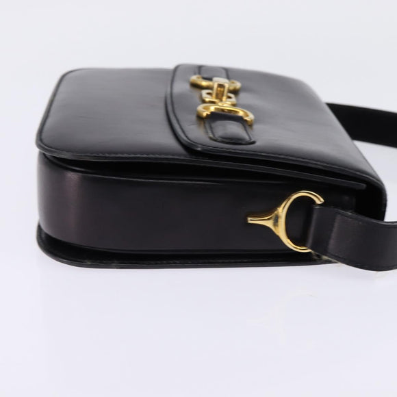 CELINE Horsebit Shoulder Bag Leather Black Gold Auth 143778