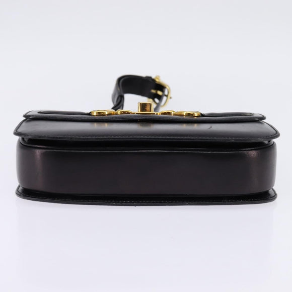 CELINE Horsebit Shoulder Bag Leather Black Gold Auth 143778