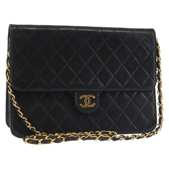 CHANEL Chain Shoulder Bag Lamb Skin Black Gold CC Auth 143810