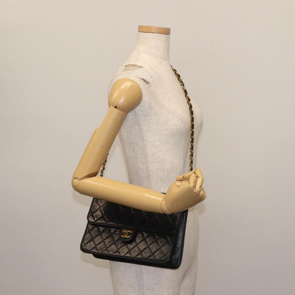CHANEL Chain Shoulder Bag Lamb Skin Black Gold CC Auth 143810