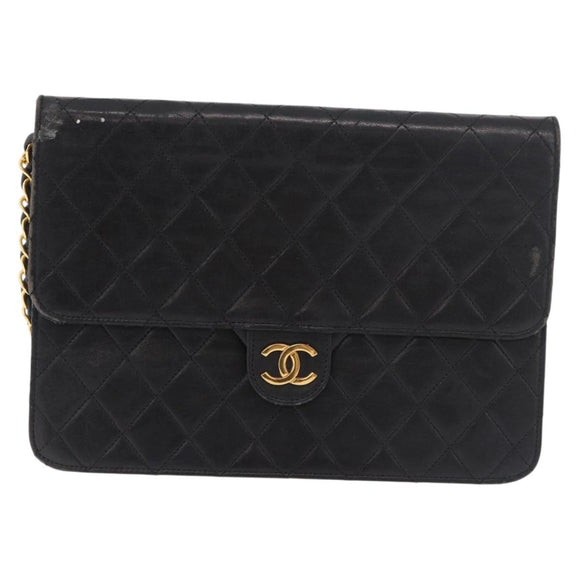CHANEL Chain Shoulder Bag Lamb Skin Black Gold CC Auth 143810