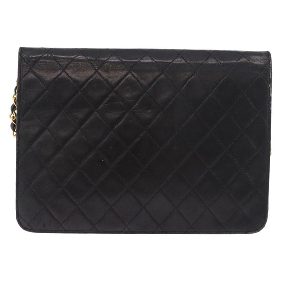 CHANEL Chain Shoulder Bag Lamb Skin Black Gold CC Auth 143810