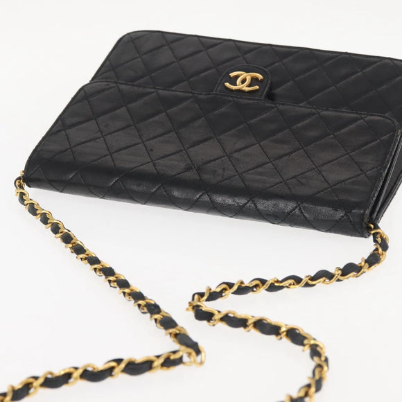 CHANEL Chain Shoulder Bag Lamb Skin Black Gold CC Auth 143810