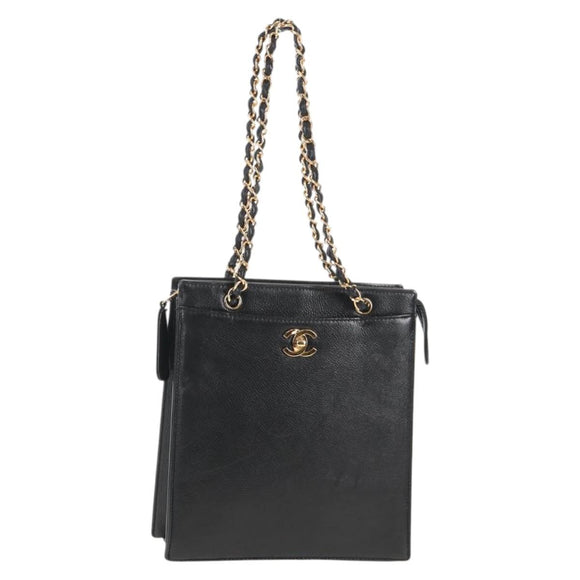 CHANEL Chain Hand Bag Caviar Skin Black Gold CC Auth 143812V