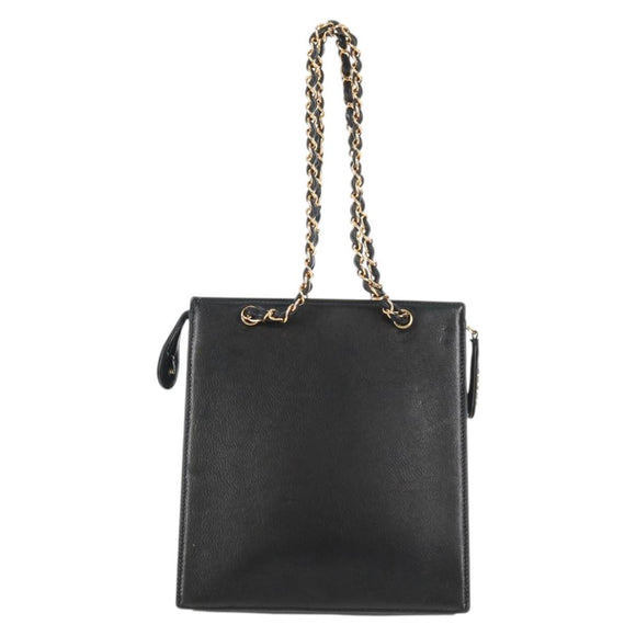 CHANEL Chain Hand Bag Caviar Skin Black Gold CC Auth 143812V