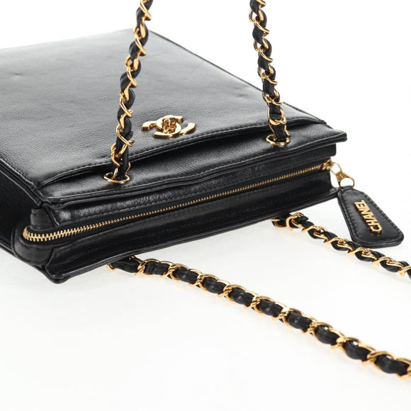 CHANEL Chain Hand Bag Caviar Skin Black Gold CC Auth 143812V