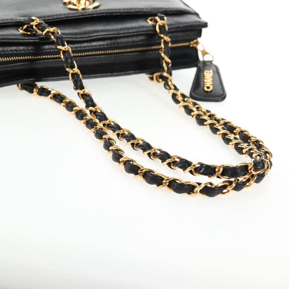CHANEL Chain Hand Bag Caviar Skin Black Gold CC Auth 143812V
