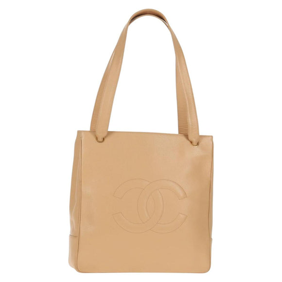 CHANEL COCO Mark Tote Bag Caviar Skin Beige Gold CC Auth 143815V