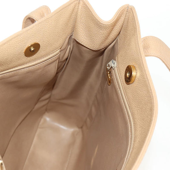 CHANEL COCO Mark Tote Bag Caviar Skin Beige Gold CC Auth 143815V